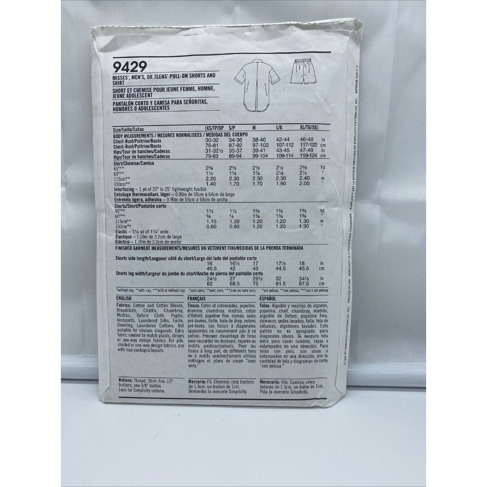Simplicity Sewing Pattern 9429 Unisex Women Shorts and Shirt XS S M L XL Uncut - Picture 2 of 4